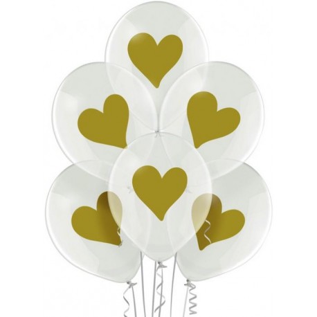 Set priehľadných balónov - Gold Hearts, 30cm (6ks)